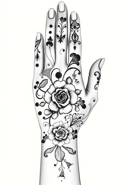Arabic Full Hand Mehndi Design Black Ink Drawing