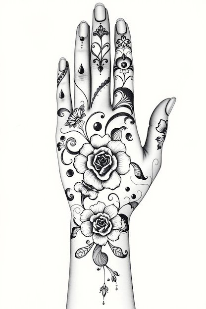 Arabic Full Hand Mehndi Design Black Ink Drawing