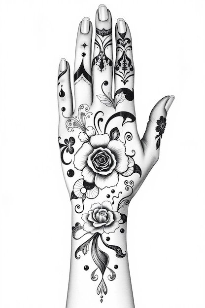 Arabic Full Hand Mehndi Design Black Ink Drawing