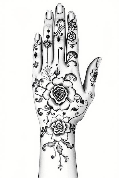 Arabic Full Hand Mehndi Design Black Ink Drawing