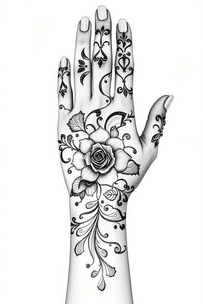 Arabic Full Hand Mehndi Design Black Ink Drawing