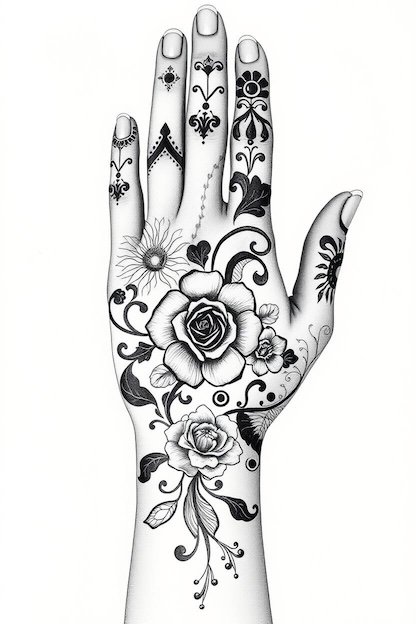 Arabic Full Hand Mehndi Design Black Ink Drawing