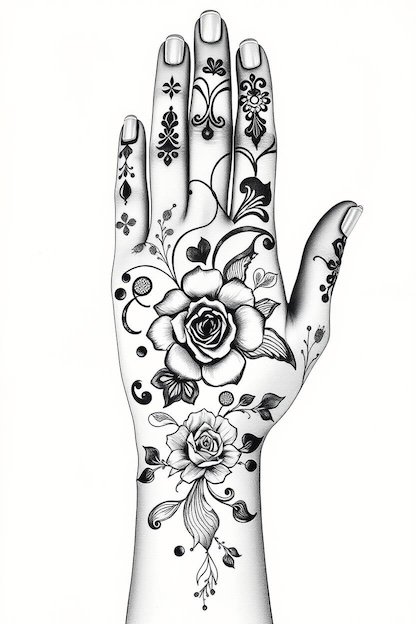 Arabic Full Hand Mehndi Design Black Ink Drawing